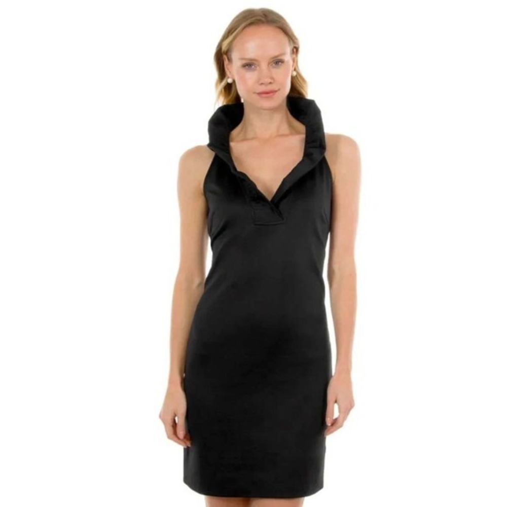 Gretchen Scott Black Ruff Neck Sleeveless‎ Stretch Jersey Dress L Mod Shift LBD